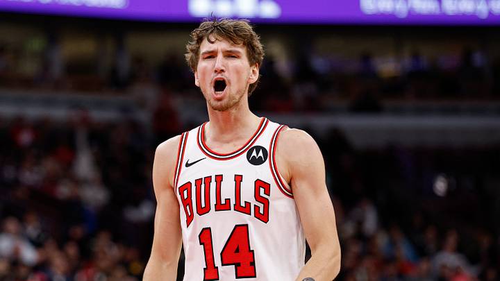 Nov 4, 2025; Chicago, Illinois, USA; Chicago Bulls forward Matas Buzelis (14) reacts during the first half of an NBA game against the Philadelphia 76ers at United Center. Mandatory Credit: Kamil Krzaczynski-Imagn Images