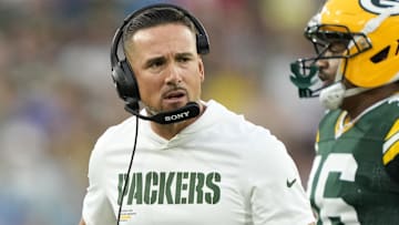 Green Bay Packers head coach Matt LaFleur looks to the sideline as Green Bay Packers cornerback Bo Melton (16) runs off the field during the first quarter against the New York Jets at Lambeau Field. 