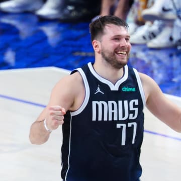 Jun 14, 2024; Dallas, Texas, USA; Dallas Mavericks guard Luka Doncic (77) reacts during the game against the Boston Celtics during game four of the 2024 NBA Finals at American Airlines Center. Mandatory Credit: Kevin Jairaj-USA TODAY Sports