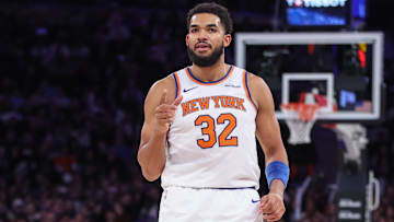 Dec 3, 2025; New York, New York, USA;  New York Knicks center Karl-Anthony Towns (32) reacts after scoring in the third quarter against the Charlotte Hornets at Madison Square Garden. Mandatory Credit: Wendell Cruz-Imagn Images