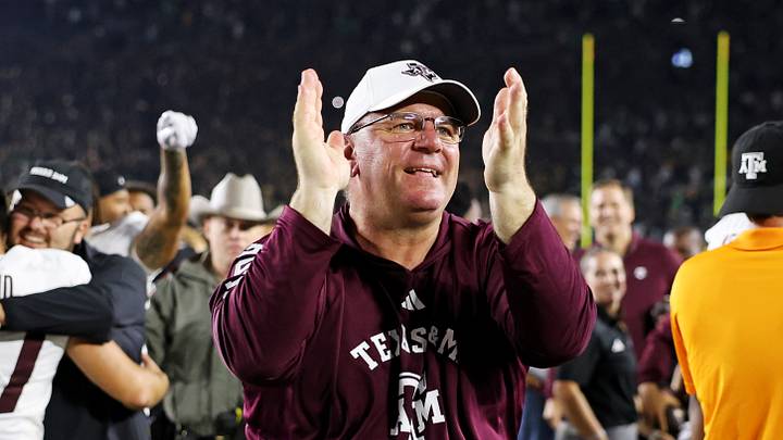 Sep 13, 2025; South Bend, Indiana, USA; Texas A&M Aggies head coach Mike Elko celebrates after the game against Notre Dame Fighting Irish at Notre Dame Stadium. Mandatory Credit: Trevor Ruszkowski-Imagn Images