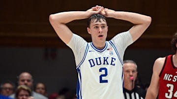Jan 27, 2025; Durham, North Carolina, USA; Duke Blue Devils forward Cooper Flagg (2) reacts during the second half against the North Carolina State Wolfpack at Cameron Indoor Stadium.  The Blue Devils won 74-64. Mandatory Credit: Rob Kinnan-Imagn Images