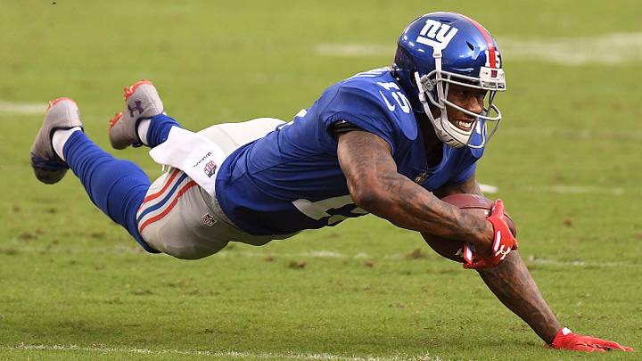 Oct 1, 2017; Tampa, FL, USA; New York Giants wide receiver Brandon Marshall (15) dives forward in the second half against the  Tampa Bay Buccaneers at Raymond James Stadium. Mandatory Credit: Jonathan Dyer-Imagn Images