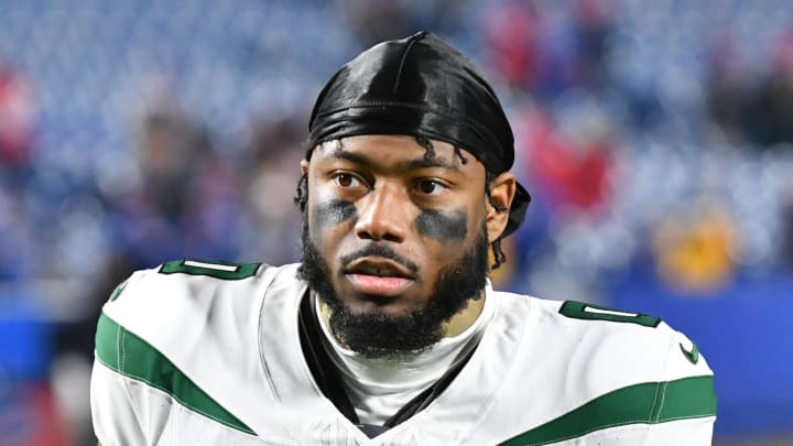 Nov 19, 2023; Orchard Park, New York, USA; New York Jets safety Adrian Amos (0) leaves the field after a game against the Buffalo Bills at Highmark Stadium. Mandatory Credit: Mark Konezny-USA TODAY Sports