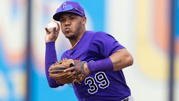 Mar 5, 2025; Peoria, Arizona, USA; Colorado Rockies infielder Thairo Estrada against the San Diego Padres during a spring training game at Peoria Sports Complex. Mandatory Credit: Mark J. Rebilas-Imagn Images