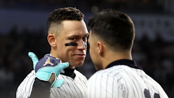 Oct 29, 2024; Bronx, New York, USA; New York Yankees outfielder Aaron Judge (99) in the dug out between innings during game four of the 2024 MLB World Series at Yankee Stadium. Mandatory Credit: Vincent Carchietta-Imagn Images
