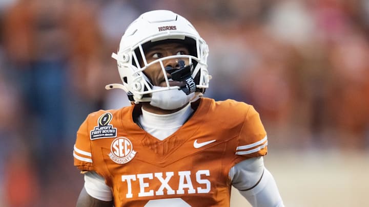 Dec 21, 2024; Austin, Texas, USA; Texas Longhorns defensive back Gavin Holmes (9) against the Clemson Tigers during the CFP National playoff first round at Darrell K Royal-Texas Memorial Stadium. Mandatory Credit: Mark J. Rebilas-Imagn Images