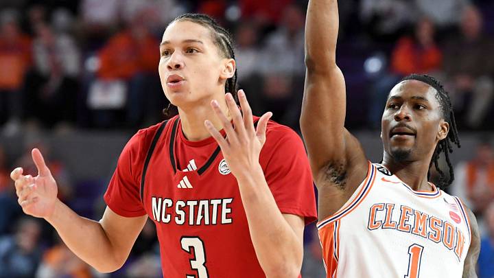 NC State Wolfpack guard Matt Able (3) watches the shot of Clemson Tigers guard Jestin Porter (1) Tuesday, Jan. 20, 2026, during the NCAA men’s basketball game at Littlejohn Coliseum in Clemson, South Carolina.
