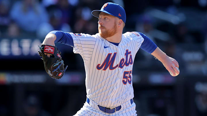 Mar 29, 2026; New York City, New York, USA; New York Mets relief pitcher Richard Lovelady (55) pitches against the Pittsburgh Pirates during the tenth inning at Citi Field. Mandatory Credit: Brad Penner-Imagn Images