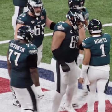 Quarterback Jalen Hurts and the Philadelphia Eagles offensive line on Fe. 9, 2025.