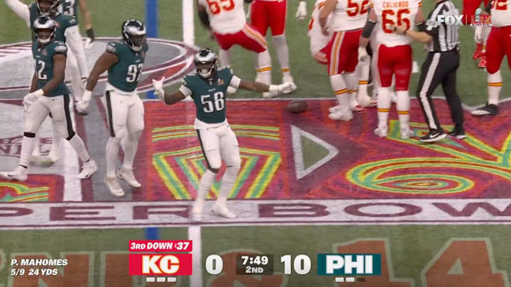 Philadelphia Eagles' Jalyx Hunt celebrates after sacking Patrick Mahomes in the Super Bowl on Feb. 9, 2025. Philadelphia Eagles' Jalyx Hunt celebrates after sacking Patrick Mahomes in the Super Bowl on Feb. 9, 2025.