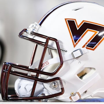 Dec 29, 2016; Charlotte, NC, USA; A Virginia Tech Hokies helmet lays on the sidelines during the second half against the Arkansas Razorbacks during the Belk Bowl at Bank of America Stadium. Virginia Tech defeated Arkansas 35-24. Mandatory Credit: Jeremy Brevard-Imagn Images