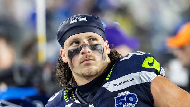 Seattle Seahawks linebacker Drake Thomas during Super Bowl LX