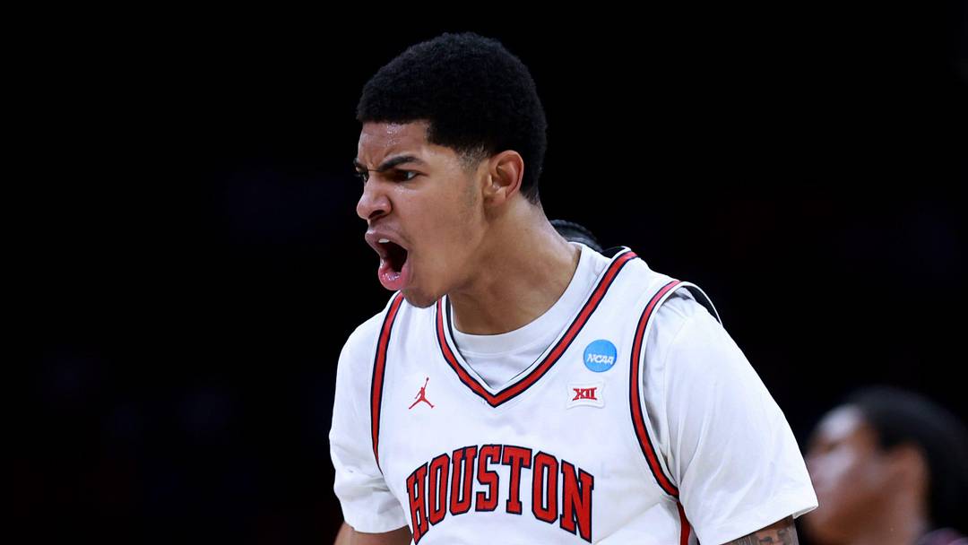 Houston's Chris Cenac Jr. (5) cheers during a second-round game in the NCAA men's basketball tournament between Houston Cougars and Texas A&M Aggies at Paycom Center in Oklahoma City, Saturday March 21, 2026.