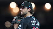 Arizona Diamondbacks right-hander Zac Gallen (23) pitches against the Cleveland Guardians at Chase Field on Aug. 19, 2025.