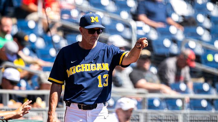 Michigan head coach Tracy Smith gestures during a semifinal game of the Big Ten Baseball Tournament against Iowa, Saturday, May 27, 2023, at Charles Schwab Field in Omaha, Neb.