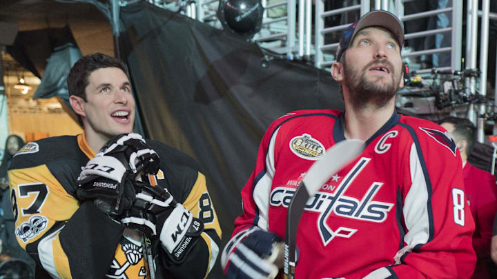 Jan 28, 2017; Los Angeles, CA, USA; Pittsburgh Penguins center Sidney Crosby (left) talks with Washington Capitals left wing Alexander Ovechkin (right) prior to the 2017 NHL All Star Game skills competition at Staples Center. Mandatory Credit: Kelvin Kuo-Imagn Images