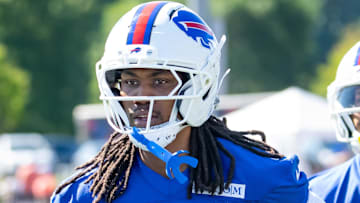 Jul 23, 2025; Rochester, NY, USA; Buffalo Bills cornerback Dorian Strong (43) runs between drills during training camp at St. John Fisher University. Mandatory Credit: Mark Konezny-Imagn Images