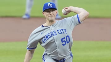May 3, 2025; Baltimore, Maryland, USA; Kansas City Royals pitcher Kris Bubic (50) delivers a pitch against the Baltimore Orioles during the first inning at Oriole Park at Camden Yards. Mandatory Credit: Gregory Fisher-Imagn Images