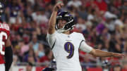 Aug 26, 2023; Tampa, Florida, USA; Baltimore Ravens place kicker Justin Tucker (9) makes a field goal against the Tampa Bay Buccaneers during the second quarter at Raymond James Stadium. Mandatory Credit: Kim Klement Neitzel-USA TODAY Sports