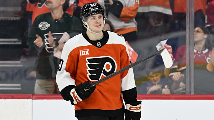 Apr 14, 2026; Philadelphia, Pennsylvania, USA; Philadelphia Flyers left wing Alex Bump (20) reacts after scoring a goal against the Montréal Canadiens during the third period at Xfinity Mobile Arena. 