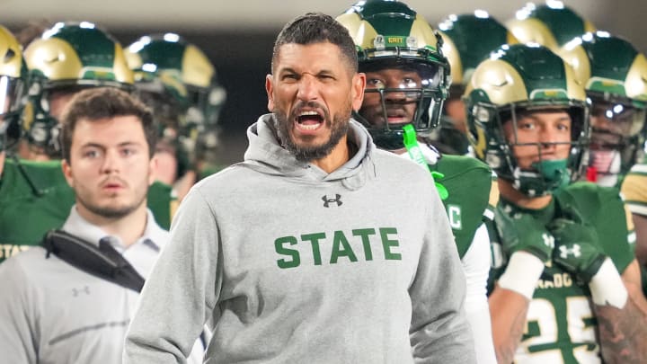 Nov 11, 2023; Fort Collins, Colorado, USA; Colorado State Rams head coach Jay Norvell reacts to a call during the second quarter against the San Diego State Aztecs at Sonny Lubick Field at Canvas Stadium. Mandatory Credit: Andrew Wevers-USA TODAY Sports