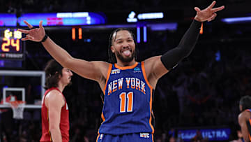 Jan 27, 2024; New York, New York, USA; New York Knicks guard Jalen Brunson (11) reacts after making a three point basket during the second half against the Miami Heat at Madison Square Garden. Mandatory Credit: Vincent Carchietta-Imagn Images