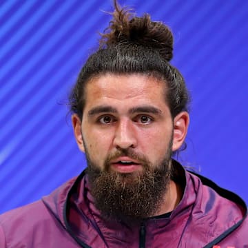Mar 2, 2018; Indianapolis, IN, USA; Central Michigan Chippewas tight end Tyler Conklin (TE04) speaks with media during the NFL Combine at the Indianapolis Convention Center. Mandatory Credit: Aaron Doster-Imagn Images