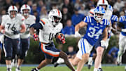Nov 15, 2025; Durham, North Carolina, USA;  Virginia Cavaliers wide receiver Trell Harris (11) controls the ball around Duke Blue Devils linebacker Luke Mergott (34) during the third quarter at Wallace Wade Stadium. Mandatory Credit: Zachary Taft-Imagn Images