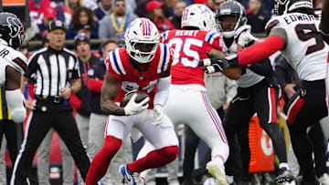 Oct 13, 2024; Foxborough, Massachusetts, USA; New England Patriots wide receiver Kendrick Bourne (84) makes a catch against the Houston Texans during the second half at Gillette Stadium. Mandatory Credit: Gregory Fisher-Imagn Images