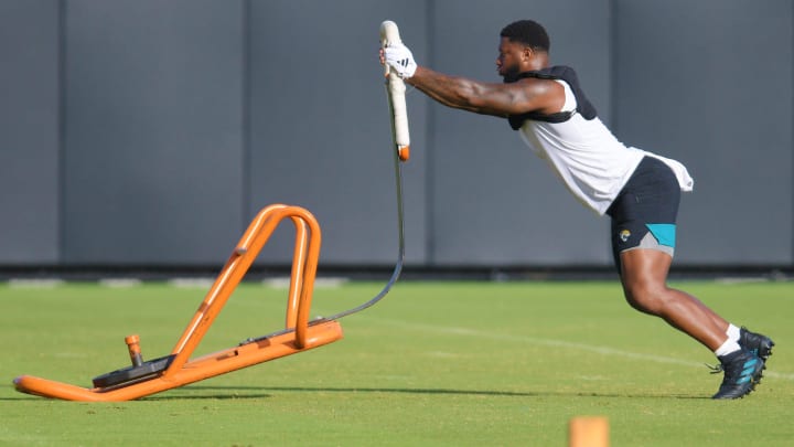 Jacksonville Jaguars linebacker Josh Hines-Allen (41) works out with a sled during the fourth day of the NFL football training camp practice session Saturday, July 27, 2024 at EverBank Stadium's Miller Electric Center in Jacksonville, Fla.. [Bob Self/Florida Times-Union]