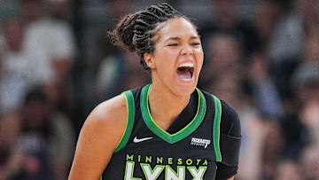 Jul 25, 2025; Minneapolis, Minnesota, USA; Minnesota Lynx forward Napheesa Collier (24) celebrates a basket against the Las Vegas Aces in the second quarter at Target Center. Mandatory Credit: Brad Rempel-Imagn Images