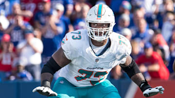 Miami Dolphins tackle Austin Jackson (73) prepares for a block against the Buffalo Bills in the fourth quarter at Highmark Stadium during the 2023 season.