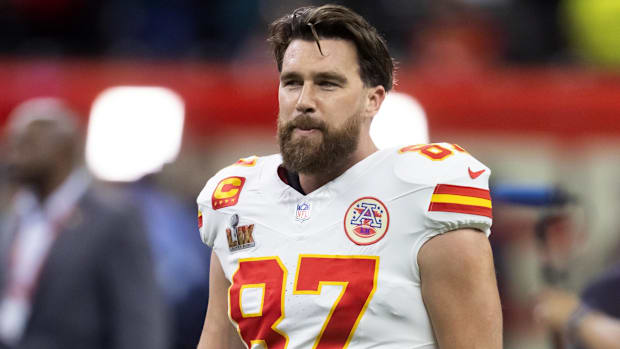 Feb 9, 2025; New Orleans, LA, USA; Kansas City Chiefs tight end Travis Kelce (87) against the Philadelphia Eagles in Super B