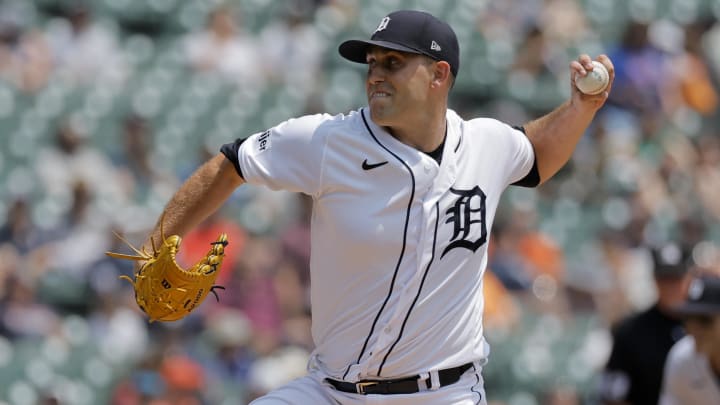 Jun 21, 2023; Detroit, Michigan, USA; Detroit Tigers starting pitcher Matthew Boyd (48) pitches in the second inning against the Kansas City Royals at Comerica Park.