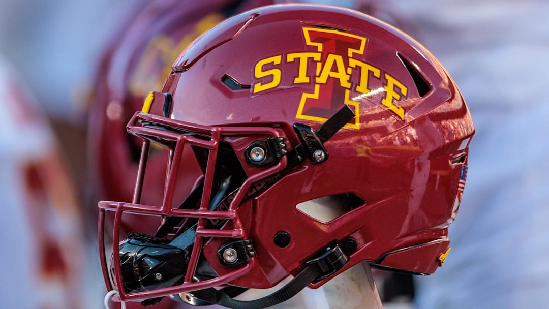 Nov 9, 2024; Kansas City, Missouri, USA; Iowa State Cyclones helmets on the bench during the first quarter against the Kansas Jayhawks at GEHA Field at Arrowhead Stadium.