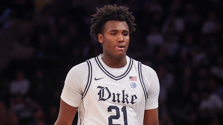 Nov 18, 2025; New York, New York, USA; Duke Blue Devils center Patrick Ngongba (21)after fouling out of the game during the second half against the Kansas Jayhawks.