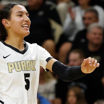 Purdue Boilermakers Taylor Anderson (5) smiles after a Purdue Boilermakers point 