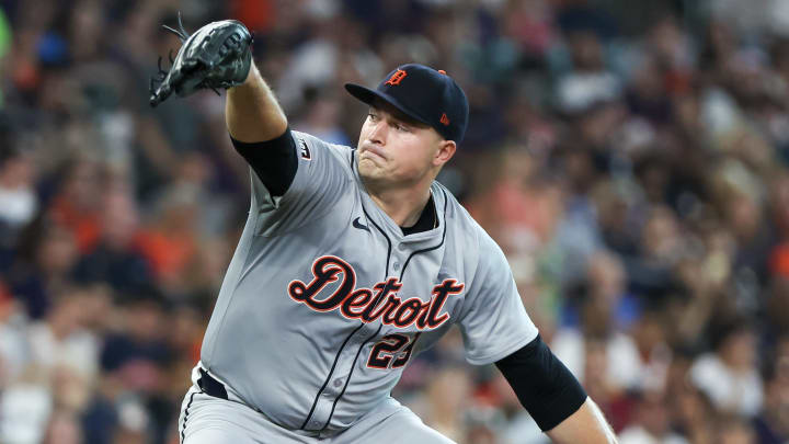 Jun 14, 2024; Houston, Texas, USA; Detroit Tigers starting pitcher Tarik Skubal (29) pitches against the Houston Astros in the first inning at Minute Maid Park. Mandatory Credit: Thomas Shea-USA TODAY Sports