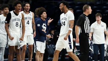 Penn State Nittany Lions forward Zach Hicks (24) reacts after making a shot and being fouled during the second half against the Northwestern Wildcats at Bryce Jordan Center. 