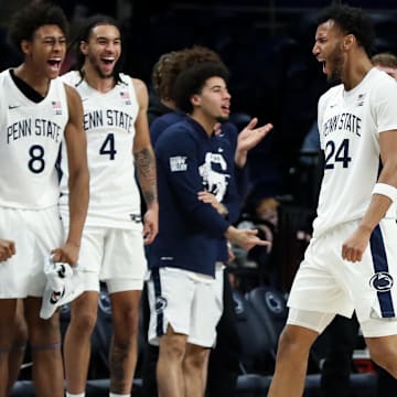 Penn State Nittany Lions forward Zach Hicks (24) reacts after making a shot and being fouled during the second half against the Northwestern Wildcats at Bryce Jordan Center. 