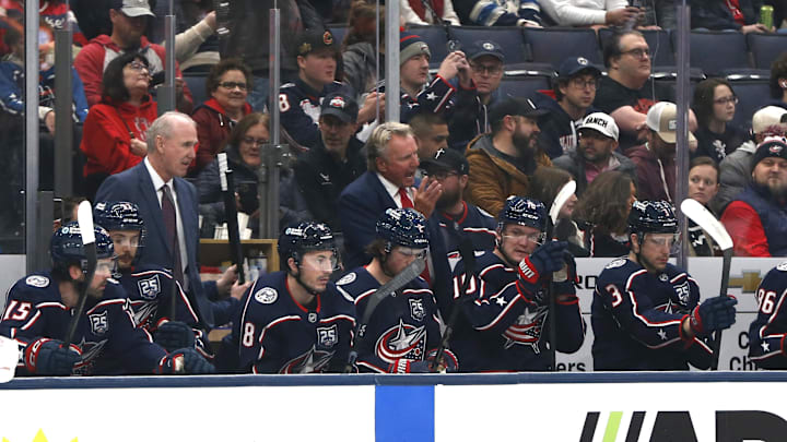 Jan 13, 2026; Columbus, Ohio, USA; Columbus Blue Jackets new head coach Rick Bowness instructs the bench during the first period against the Calgary Flames at Nationwide Arena. Mandatory Credit: Russell LaBounty-Imagn Images