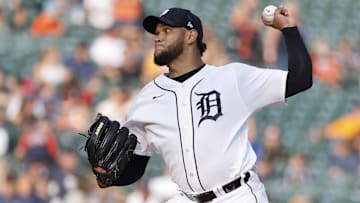 Aug 8, 2023; Detroit, Michigan, USA;  Detroit Tigres starting pitcher Eduardo Rodriguez (57) pitches