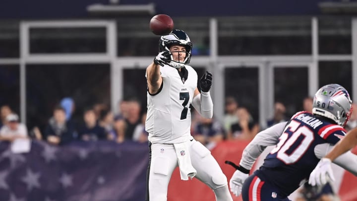 Aug 15, 2024; Foxborough, MA, USA; Philadelphia Eagles quarterback Kenny Pickett (7) throws a pass against the Philadelphia Eagles during the first half at Gillette Stadium. Mandatory Credit: Eric Canha-USA TODAY Sports