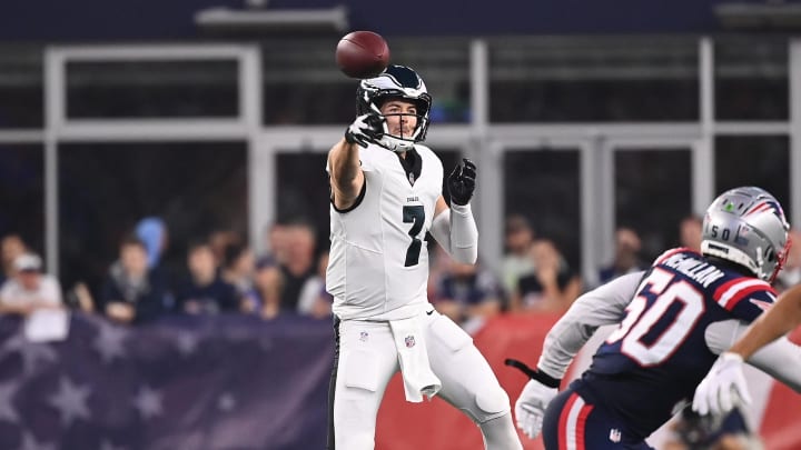 Aug 15, 2024; Foxborough, MA, USA; Philadelphia Eagles quarterback Kenny Pickett (7) throws a pass against the Philadelphia Eagles during the first half at Gillette Stadium. Mandatory Credit: Eric Canha-USA TODAY Sports