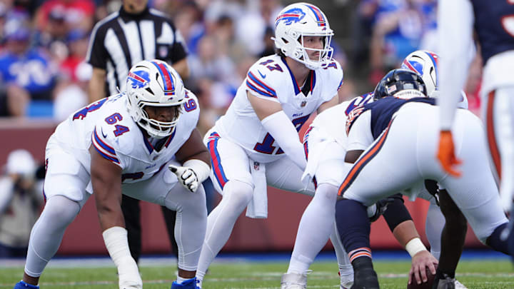 Aug 10, 2024; Orchard Park, New York, USA; Buffalo Bills quarterback Josh Allen (17) calls signals under center during the first half against the Chicago Bears at Highmark Stadium. Mandatory Credit: Gregory Fisher-Imagn Images