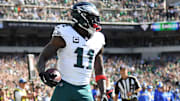 Sep 21, 2025; Philadelphia, Pennsylvania, USA; Philadelphia Eagles wide receiver AJ. Brown (11) reacts after a touchdown against the Los Angeles Rams during the second half at Lincoln Financial Field. Mandatory Credit: Eric Hartline-Imagn Images