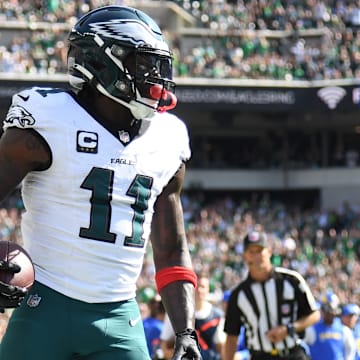 Sep 21, 2025; Philadelphia, Pennsylvania, USA; Philadelphia Eagles wide receiver AJ. Brown (11) reacts after a touchdown against the Los Angeles Rams during the second half at Lincoln Financial Field. Mandatory Credit: Eric Hartline-Imagn Images