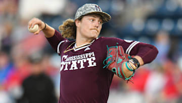 Mississippi State pitcher Khal Stephen (14) pitches against Ole Miss at Swayze Field in Oxford, Miss., on Friday, Apr. 12, 2024.