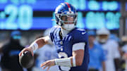 Sep 28, 2025; East Rutherford, New Jersey, USA;  New York Giants quarterback Jaxson Dart (6) looks to pass during the third quarter against the Los Angeles Chargers at MetLife Stadium.  